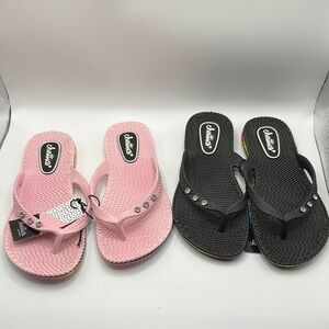 2 pair Chatties Jewel Flip Flop Thong Sandal 13/1 Pink & Black Flip Flops